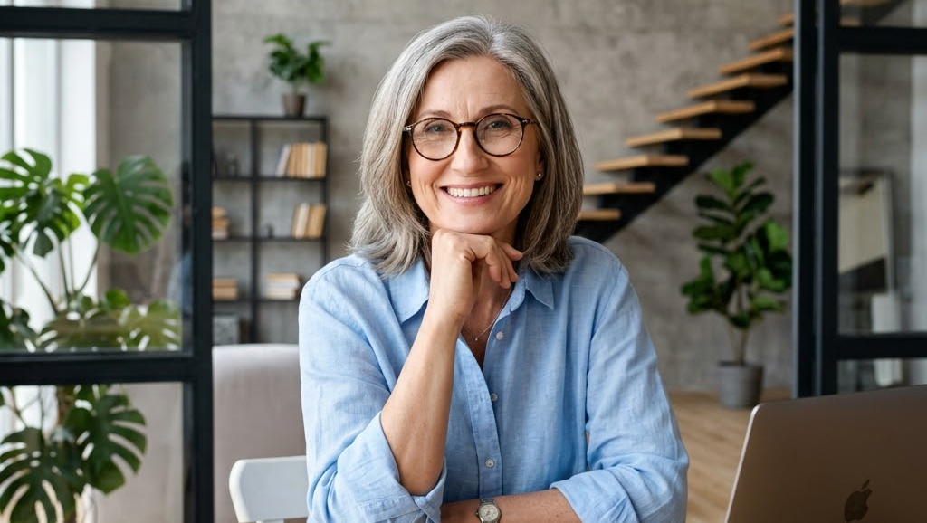 Smiling middle-aged woman with grey hair and glasses sitting at a wooden desk with a laptop, notebook, and coffee mug in a modern loft office.