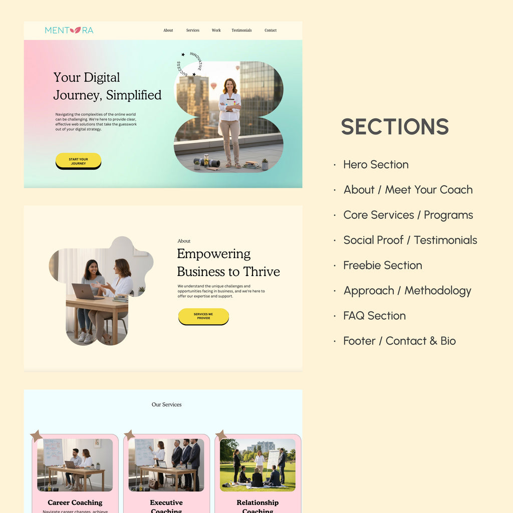 Mentora Canva website template for Life, Business and Wellness coaches