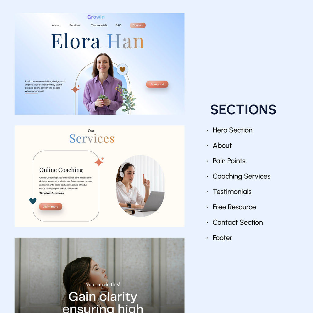 Growin Canva website template for life coaches,